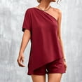 thumbnail image 2 of Womens Summer 2 Piece Outfits Solid Color One Shoulder Short Sleeve Tops with Shorts Sets Loungewear Homewear, 2 of 7