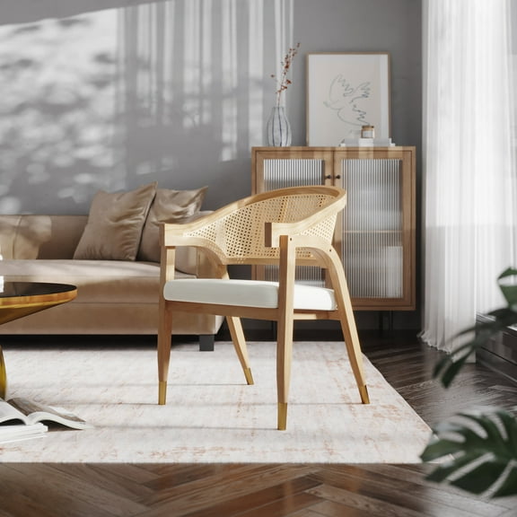 Emma   Oliver Cane Rattan Dining or Accent Chair with Natural Solid Wood Frame, Woven Backrest and Beige Cushioned Seat