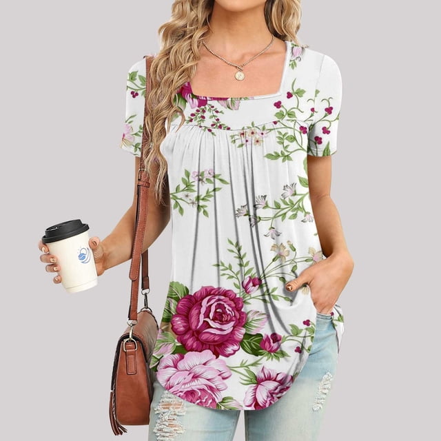 Fiudx Ofertas de La Semana Blusa Holgada de Manga Corta con Cuello En V Informal Estampada a La Moda para Mujer