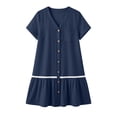 thumbnail image 4 of Ygbgbb Women's Linen-Blend Mini Dress, V-Neck Short Sleeve with Button Front & Lace Trim, Casual Summer Tunic Dress Navy XL, 4 of 8