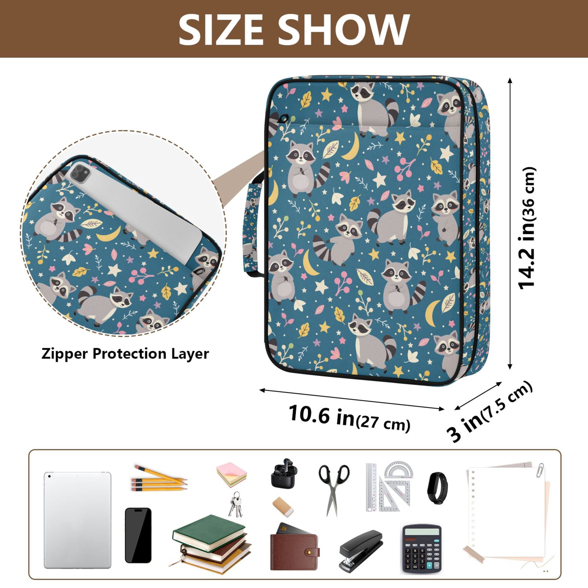 FORMRS Accordion File Folder A4 Size 7-Pocket Expanding Document Organizer Bag with 3 Ring Binder, Blue Raccoon Star Pattern