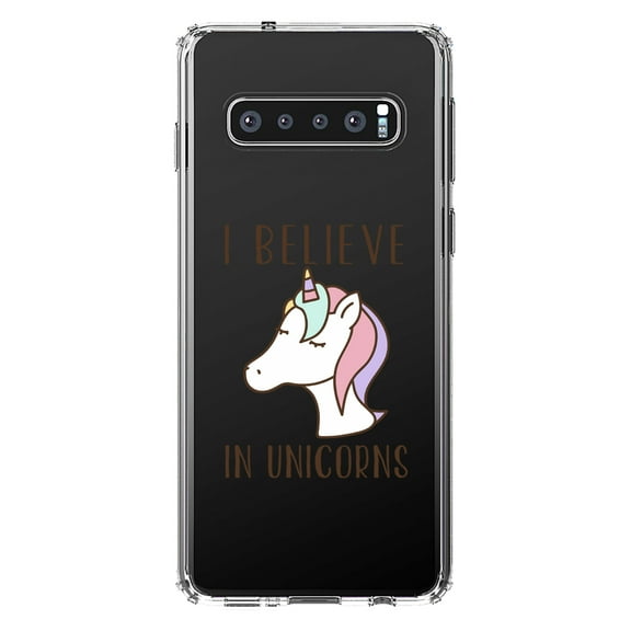 DistinctInk Clear Shockproof Hybrid Case for Samsung Galaxy S10  PLUS (6.4" Screen) - TPU Bumper Acrylic Back Tempered Glass Screen Protector - I Believe in Unicorns