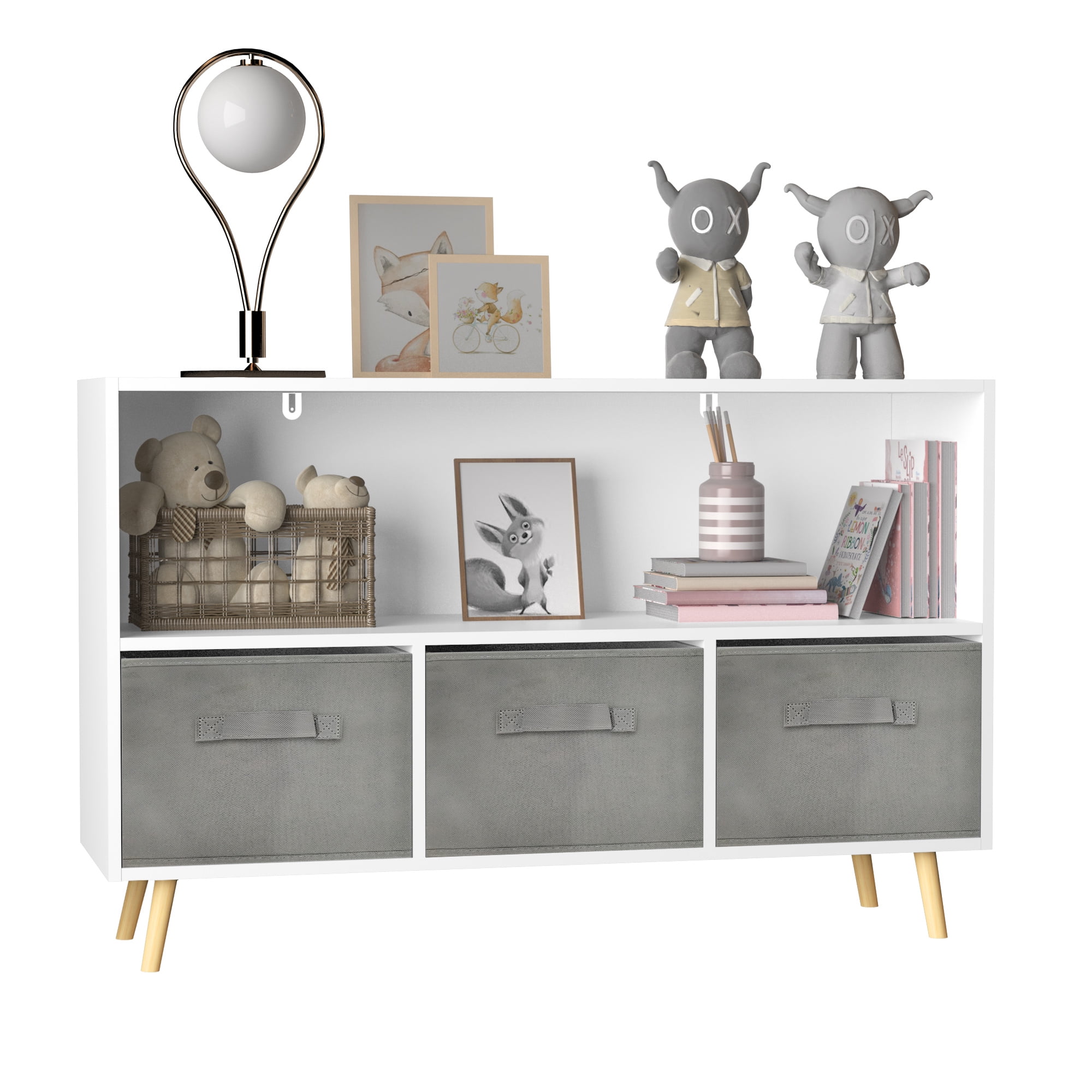 Kids Bookcase with Collapsible Fabric Drawers,Toy Storage Cubby,Children's Book Display,Toy Storage Cabinet Organizer,White/Gray