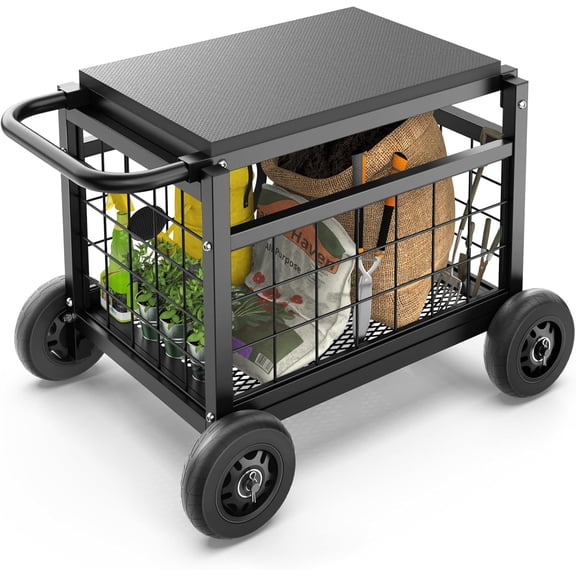 Rolling Garden Work Seat with Wheels, Heavy Duty Garden Cart with Seat - Metal Rolling Garden Stool, Upgraded Gardening Cart for Seniors, Outdoor Wagon for Lawn, Patio Gardening, Black