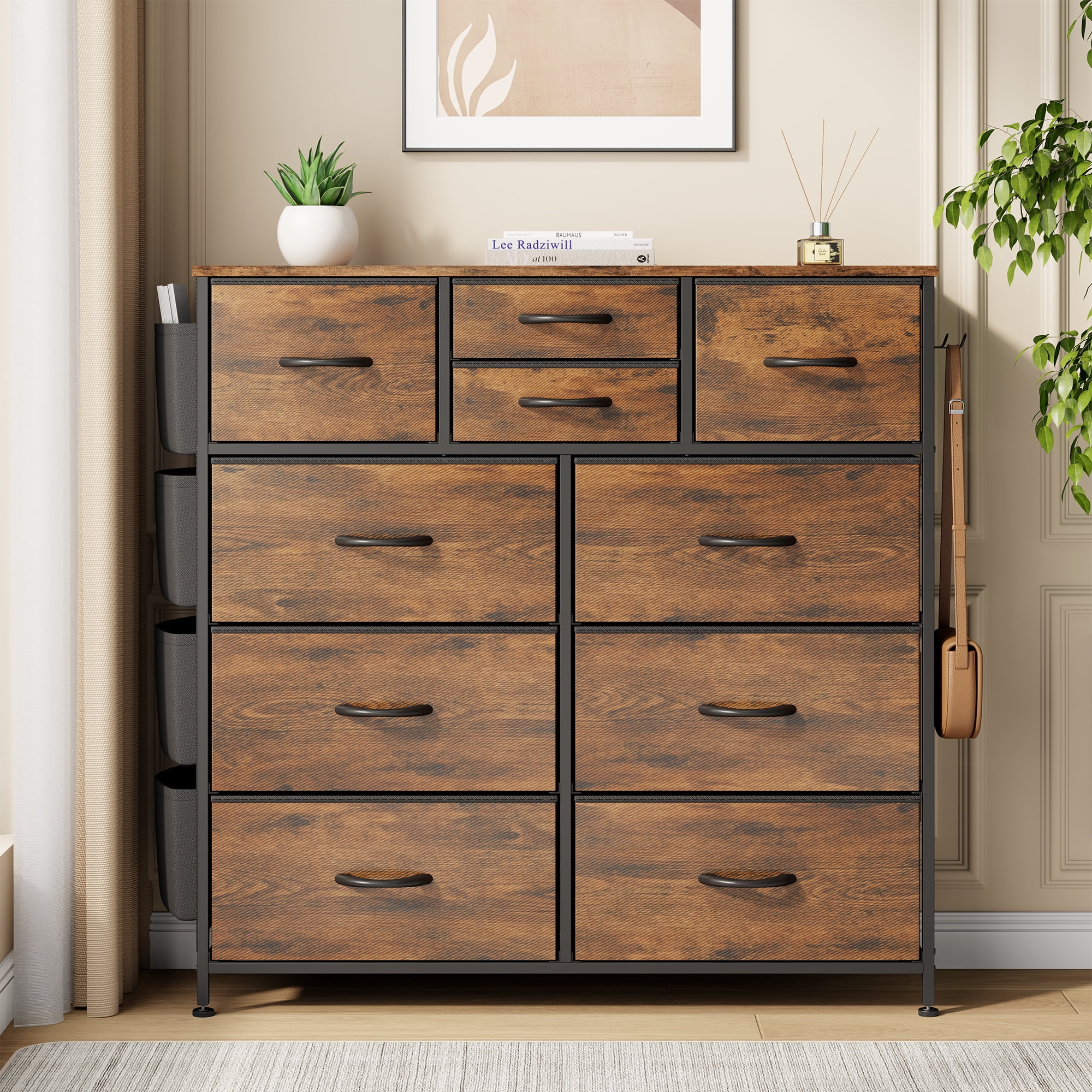 LainTene 10 Drawer Dresser, Fabric Dressers for Bedroom, Modern Storage Chest of Drawer with Side Pockets for Home Entryway, Guest Room, Small Spaces, Rustic Brown