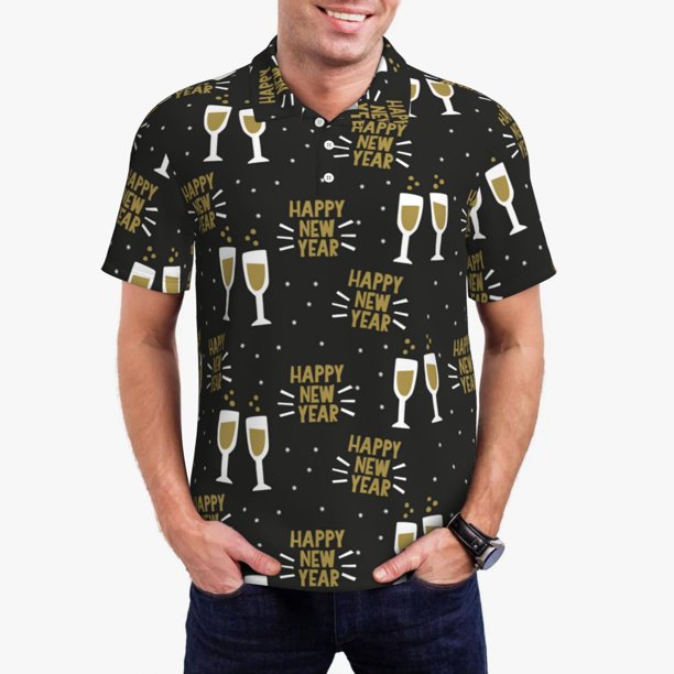 Fotbe Happy New Year Camiseta Polo de Golf para Hombre con Estampado – Camisa Deportiva Transpirable con Cuello Abotonado-X-Large