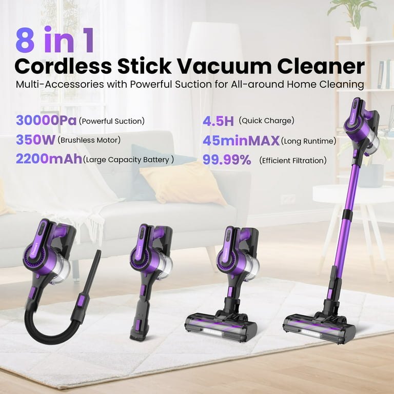 Poweart Cordless Vacuum Cleaner 30Kpa Powerful Stick Vacuum up to 45 mins Runtime 8 in 1 Vacuum for Hardfloors Pet Hair Home