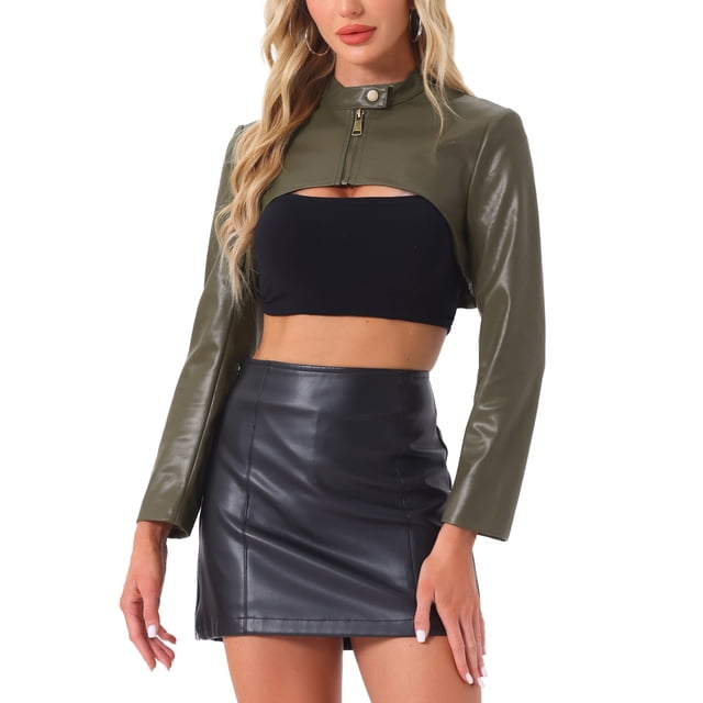 Chaqueta recortada con cremallera frontal y cuello de pie de cuero sintético para mujer INSPIRE CHIC en verde ejército