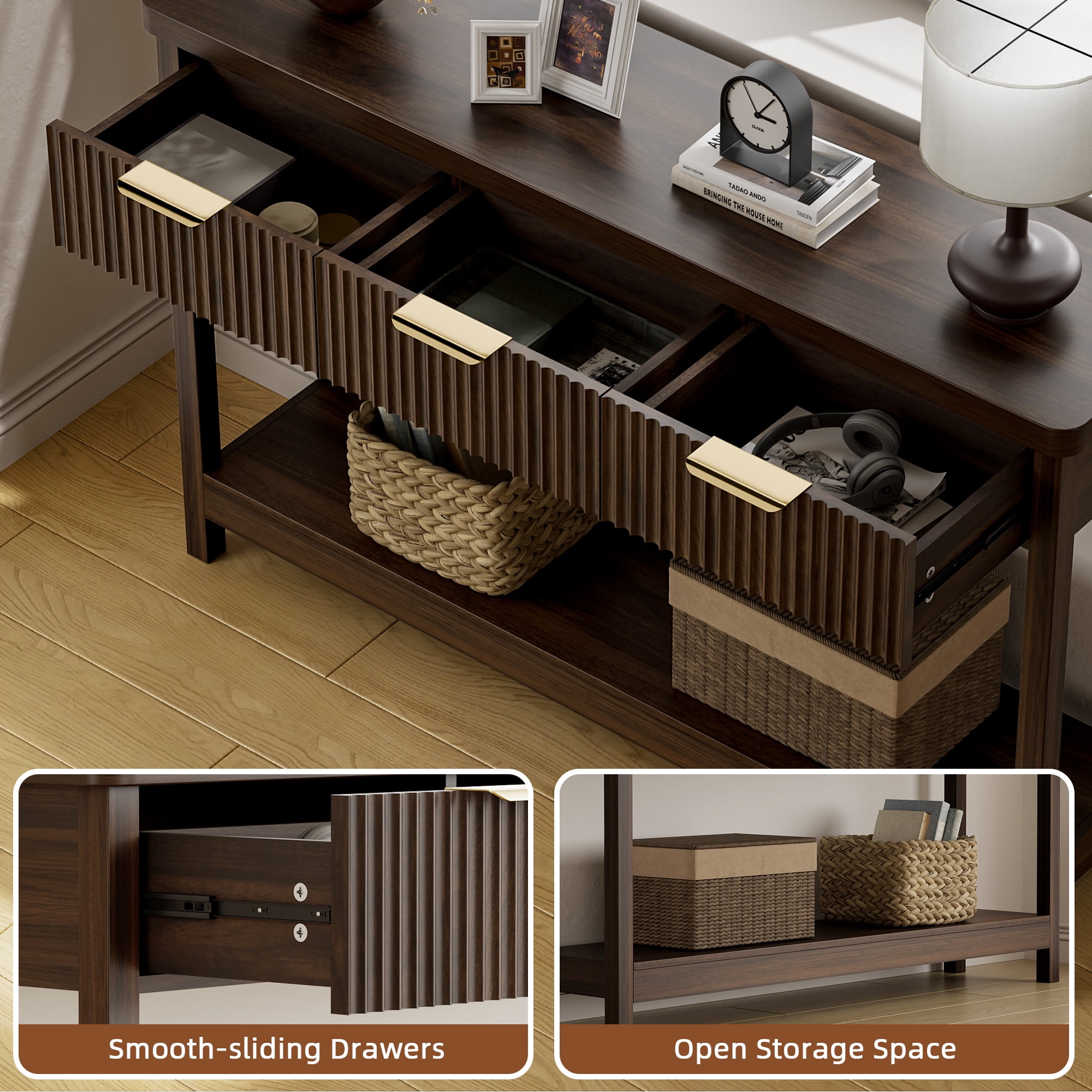 Laintene Fluted Console Table, 51" Narrow Entryway Table with 3 Drawers, Entry Sofa Table Behind Couch with Open Storage Shelf, Modern Display Shelf for Living Room Hallway, Walnut