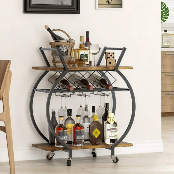 2-Tier Rolling Bar Cart - With Wine Rack & Wheels, Modern Rustic Brown Metal Round Design, Industrial Mobile Storage Trolley for Kitchen, Bar, Living Room