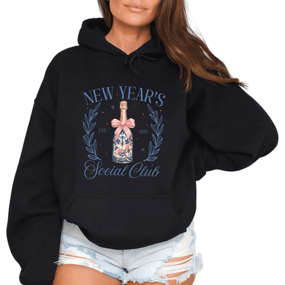 Women's Black Oversized Hoodie 2026 New Year's Social Club Vintage Champagne Graphic Print Casual Pullover Hooded Sweatshirt S-2XL