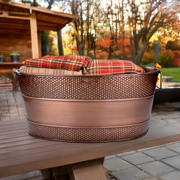 Copper Galvanized Tub for Indoor Firewood Storage Rack Log Holder - 25QT Heavy-Duty Portable Tub with Handles - Multi-Use for Planters, Blankets for Living Room, Etc