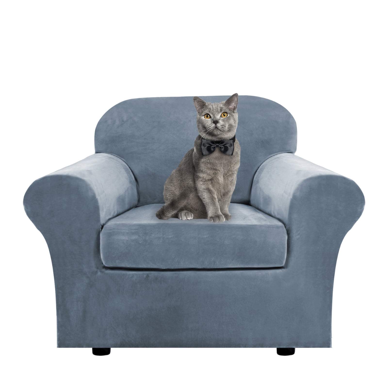 Stretch Velvet Plush Sofa Covers Couch Armchair Slipcover Protector with Cushion Covers, Grey Blue, For 2-Seater Loveseat