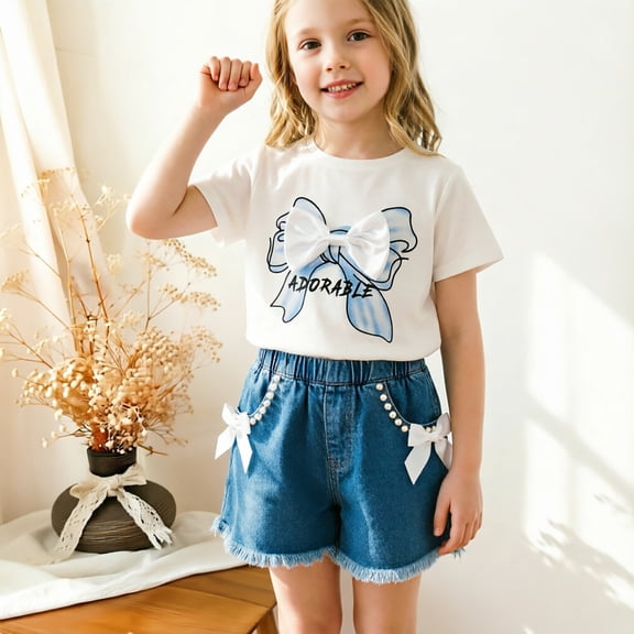 Kids Girls 2-Piece Short Sleeve Outfits Printed Crew Neck Top and Shorts Fashionable Summer Casual Clothes for Girls White Size 6-7 Years