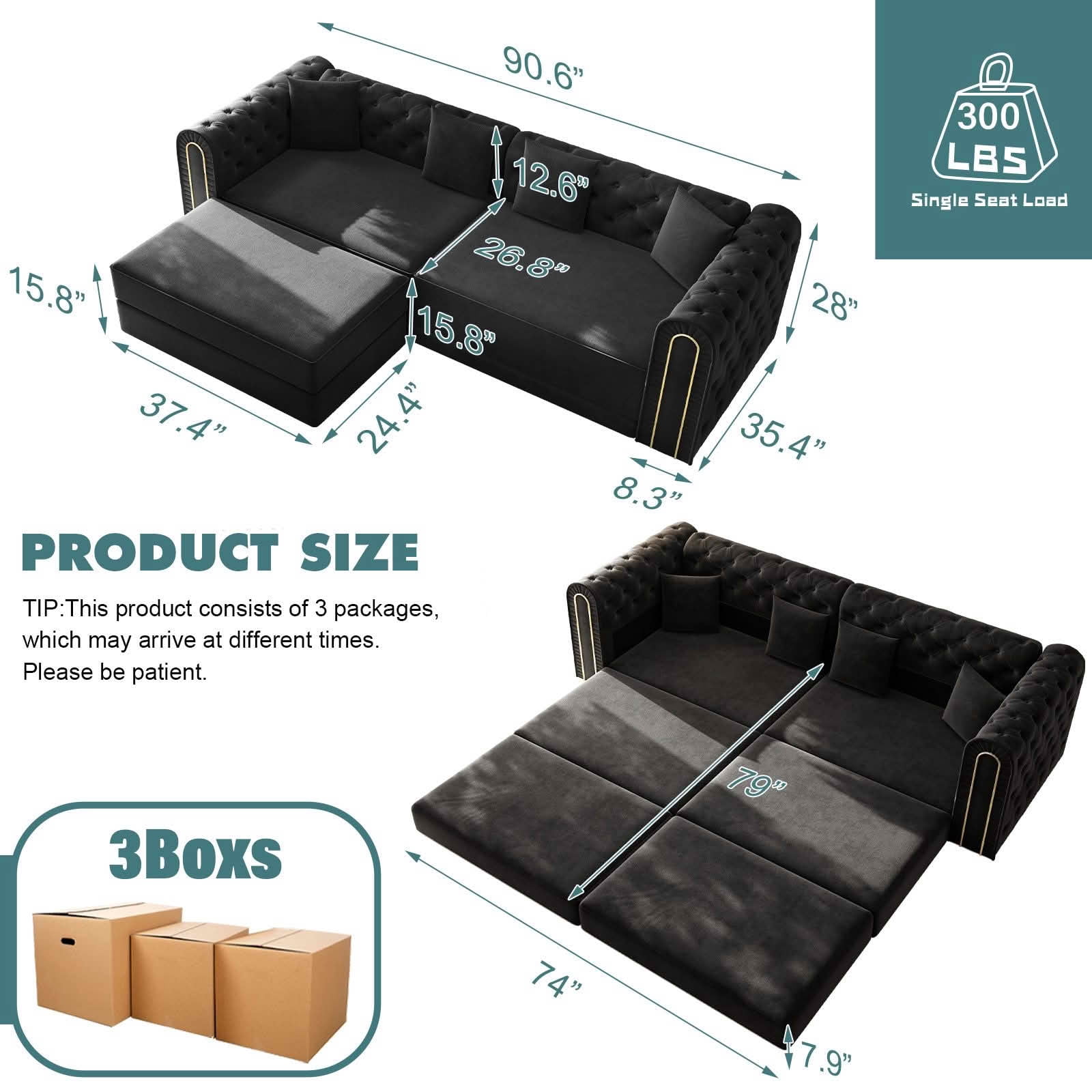MAYEERTY 90.6" 3‑in‑1 Convertible Sleeper Sofa, Modern Velvet 3‑Seater Couch with Tufted & Gold Trim, Movable Ottoman, 4 Pillows Included