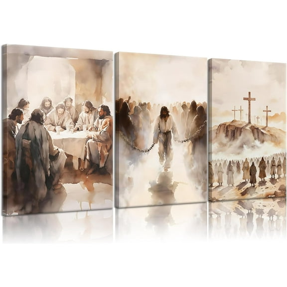 3 Pcs Jesus Canvas Wall Art Christ Church Pictures Wall Decor Christian Bible Story Religious Easter Last Supper Canvas Prints Artwork（Only canvas）