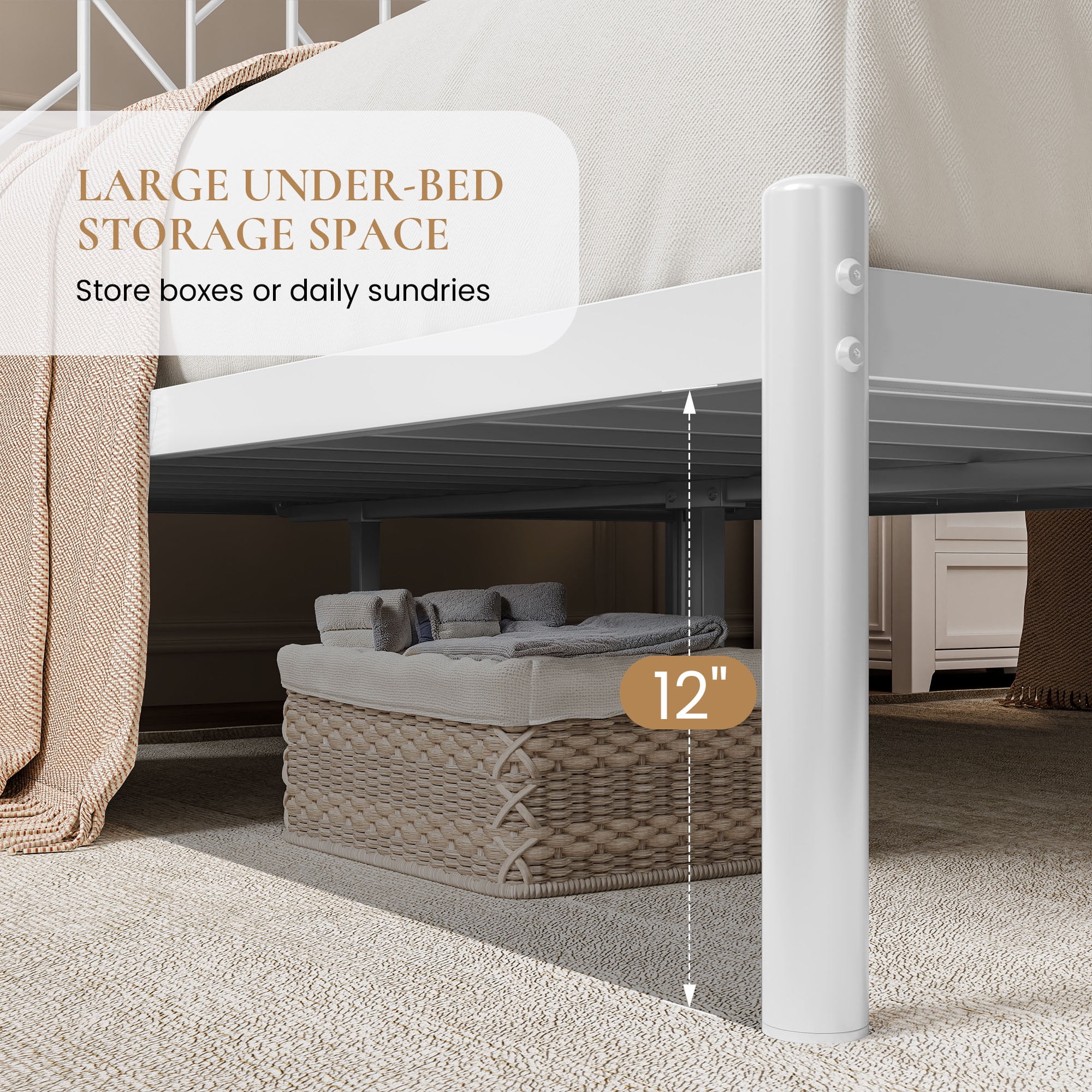 Sha Cerlin White Queen Size Metal Platform Bed Frame with Victorian Vintage Headboard & Underbed Storage, Adult