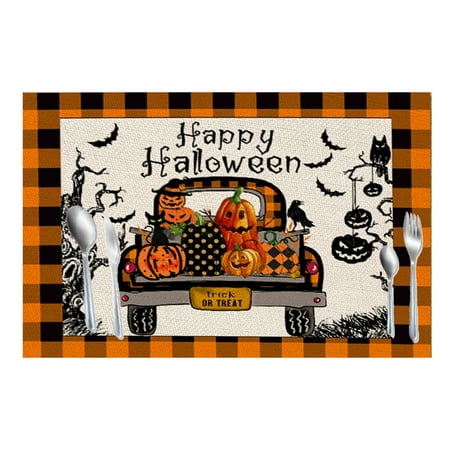 

Halloween Placemats Set of 4 with Pumpkin Ghost Pattern for Dining Table Decoration Non-Slip & Heat Resistant PVC Table Mats for Kitchen Washable & Reusable (12.6 x 16.5 )