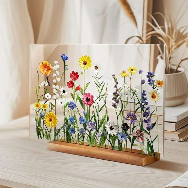 Exhibición de Escritorio Impresa En Acrílico Decoración Floral Base de Madera Adorno de Escritorio Transparente
