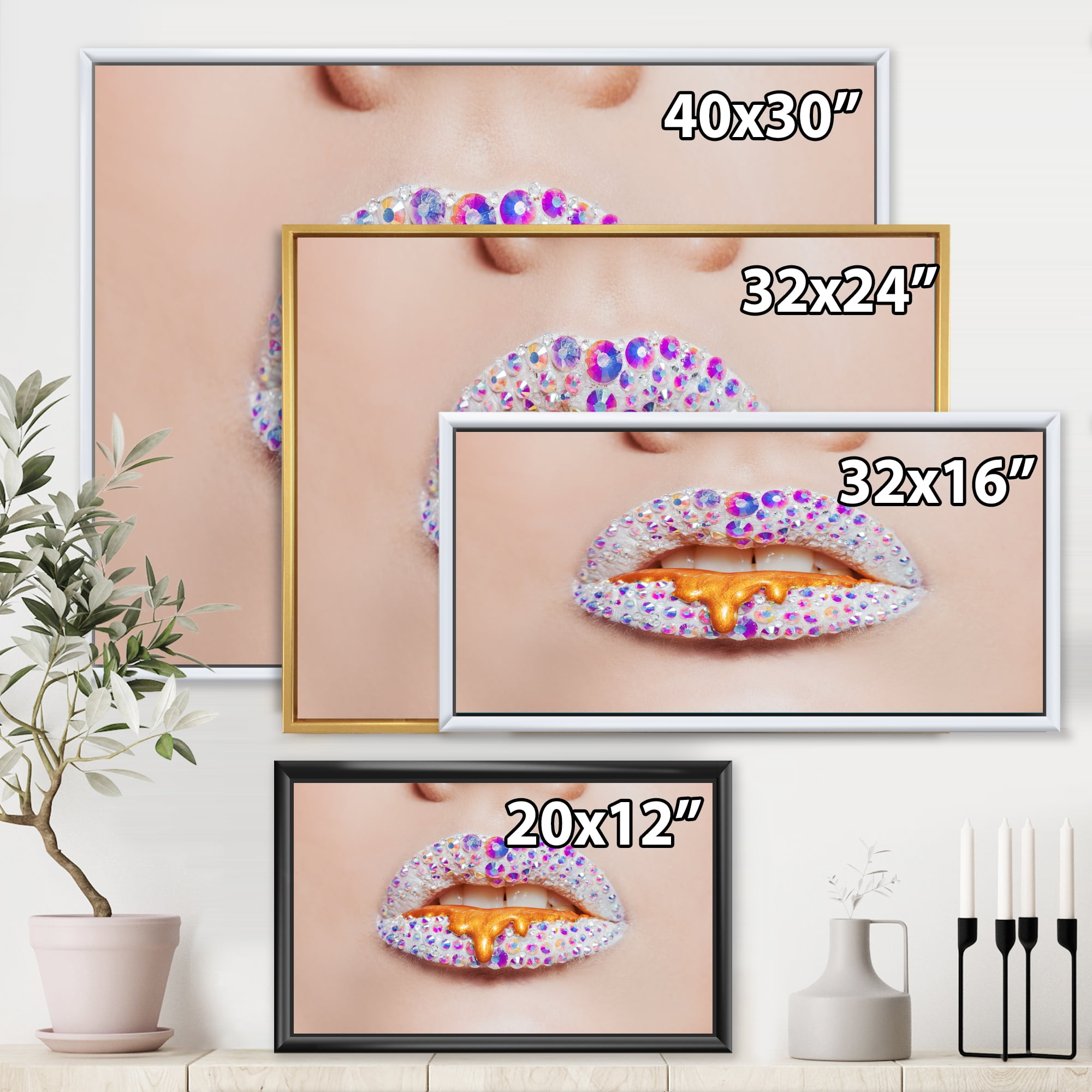 Designart 'Shining Woman Lips Covered With Rhinestones and Smudges' Modern Framed Canvas Wall Art Print