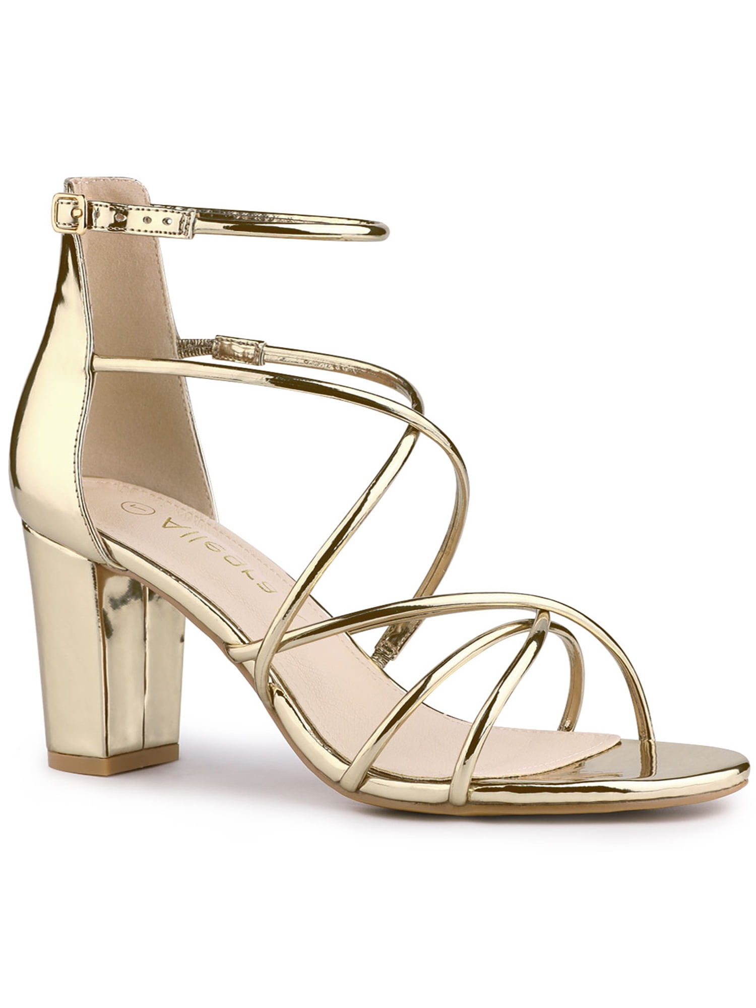 strappy gold block heels