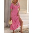 thumbnail image 4 of Womens Hot Pink V-Neck Short Sleeve Floral Print Maxi Dress With Slit, 4 of 7