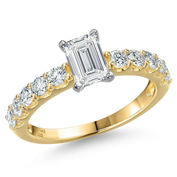 Gem Stone King 1.45 Cttw Lab Grown Diamond Engagement Ring for Women | 14K Two-Tone Gold | Emerald Cut Center Diamond 0.75 Ct | IGI Certified | E-F Color | VS1 Clarity (Size 9)