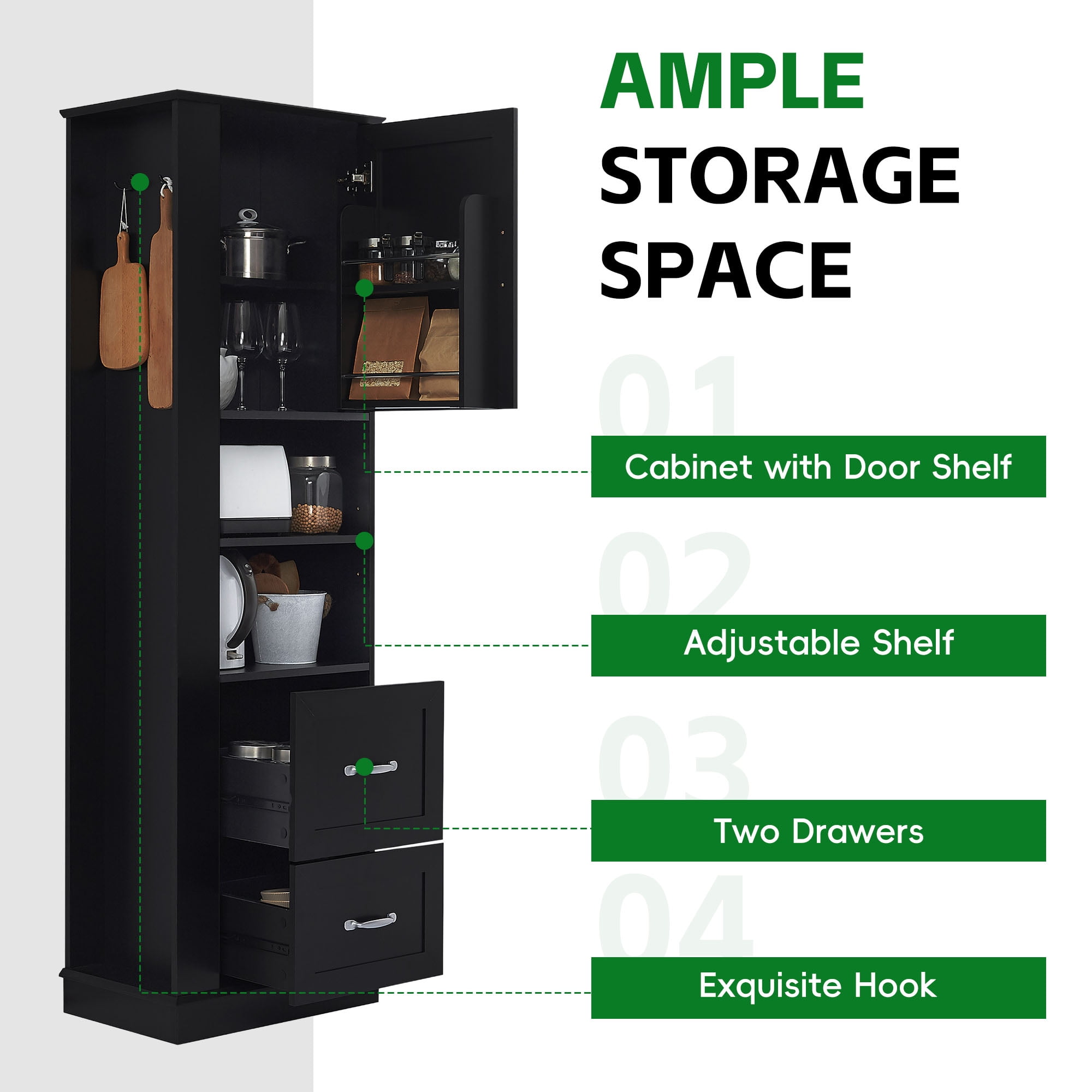 Tall Bathroom Storage Cabinet, Freestanding Storage Cabinet with Hook and Adjustable Shelf, MDF Board, Black, Upper Door Cabinet with Built-in Shelf and Lower Two Drawers
