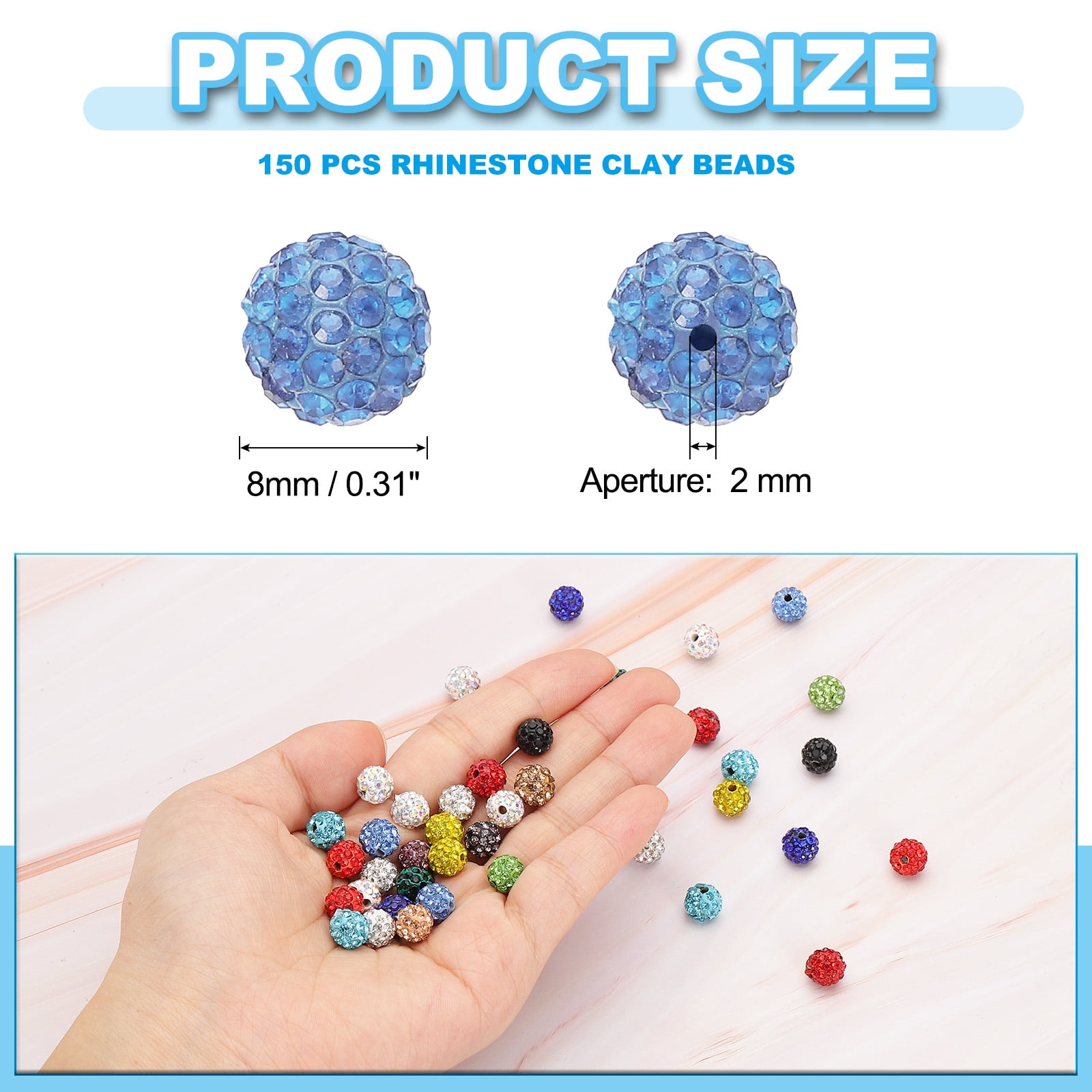 Uxcell Rhinestone Beads, Clay Rhinestone Beads Disco Ball Beads Diamond Spacer Beads Crystal Sparkle Shiny Round 150Pcs Blue 8mm