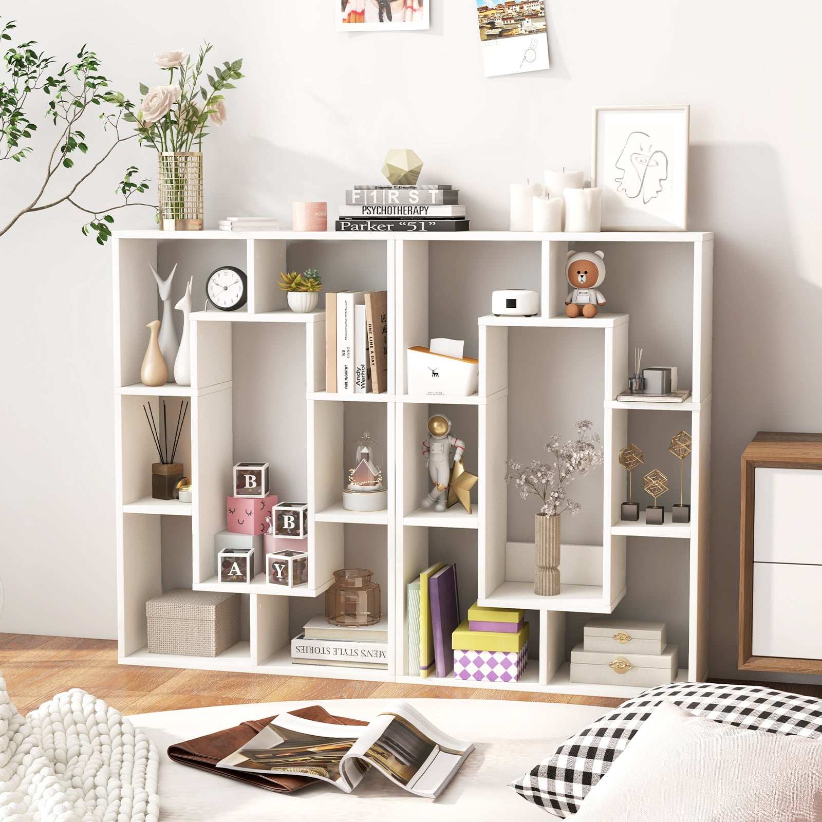 Topbuy 35.5” Geometric Bookshelf Open-back Bookcase w/ 7 Cubes Free-standing Storage Shelf Unit w/ Anti-Toppling Devices White