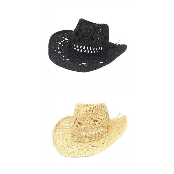 Cowboy Hat,Straw Cowboy Hat Western Vintage Women Men,Classic Shapeable Summer Floppy Beach Hat,Roll Up Cowboy Hat Festival Hat,Couple Hat Party Sun Protection Straw Black Beige Hugo Sombrero de vaquero