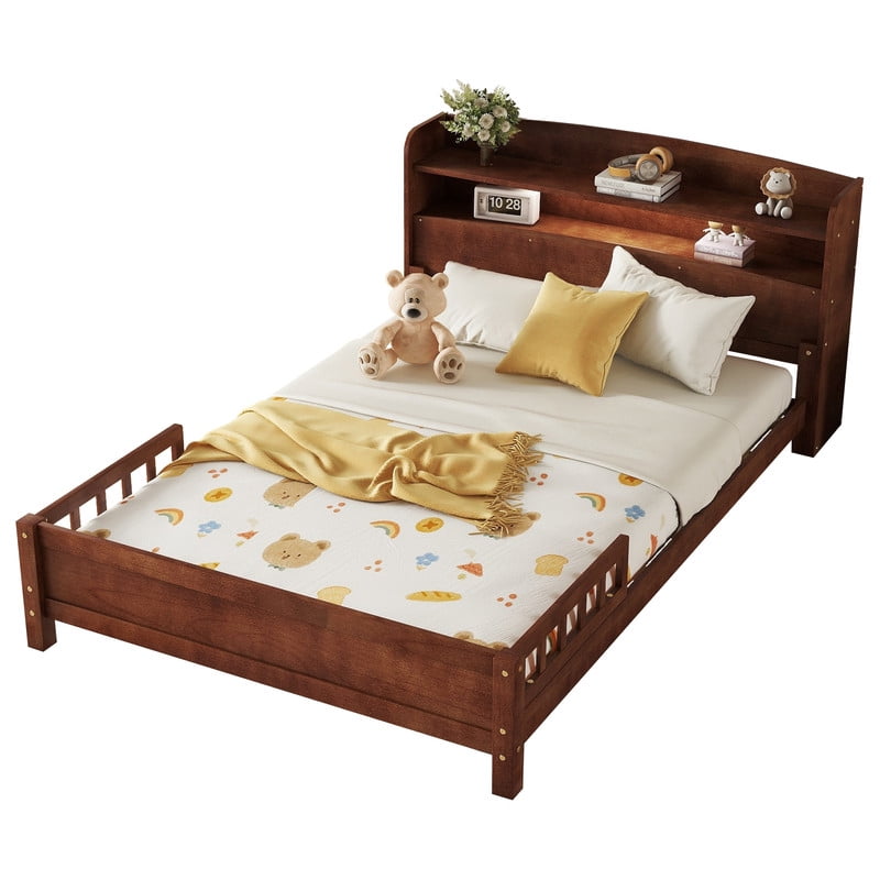 Full Size Bed Frame with Storage , Wood Full Bed with LED Lights and Storage Headboard, Full Size Platform Bed with Slats Support ,No Box Spring Needed, Walnut