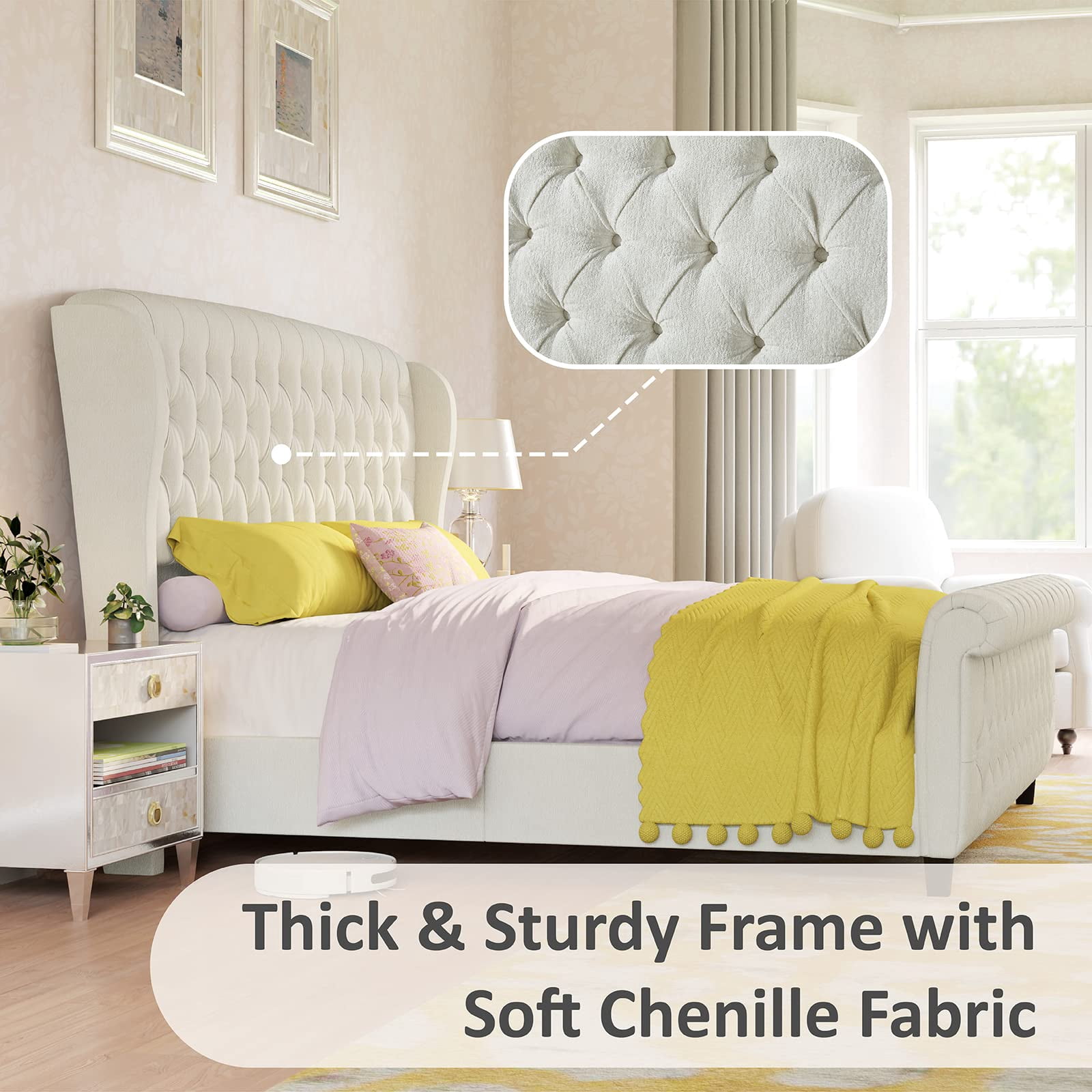 VanAcc Queen Size Platform Bed Frame, Chenille Upholstered Sleigh Bed Frame, Cream