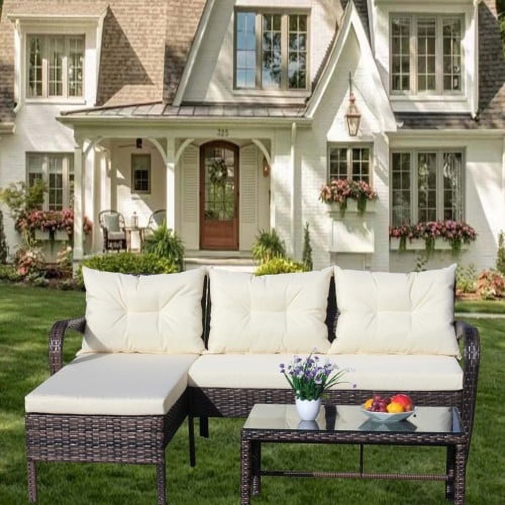 3-Piece Outdoor Patio Set, Brown Rattan Outdoor Living Set with Coffee Glass Table and Cushions, Suitable for Patios, Gardens, Backyards, and Poolside (Beige Cushions)