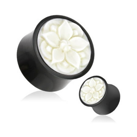 Gauge Organic Horn Plug (Pair Of Poinsettia White Hand Carved Bone Inlay Organic Buffalo Horn Saddle Fit Plugs,Gauge (Thickness):0)