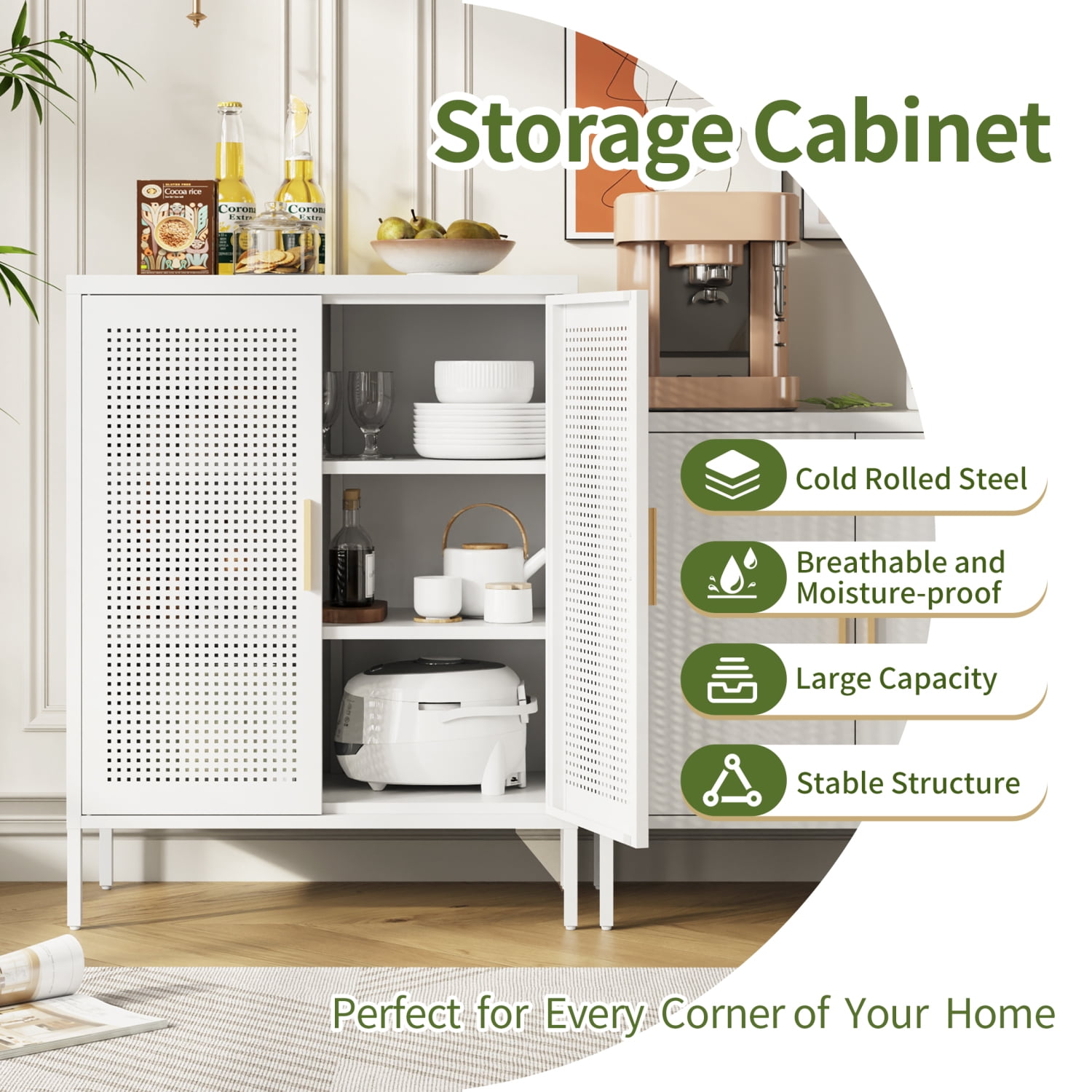 Lisonu Heavy-Duty Metal Garage Cabinet, Lockable Steel Storage with 2 Adjustable Shelves for Workshop & Utility Room, 180lb Shelf Capacity, White