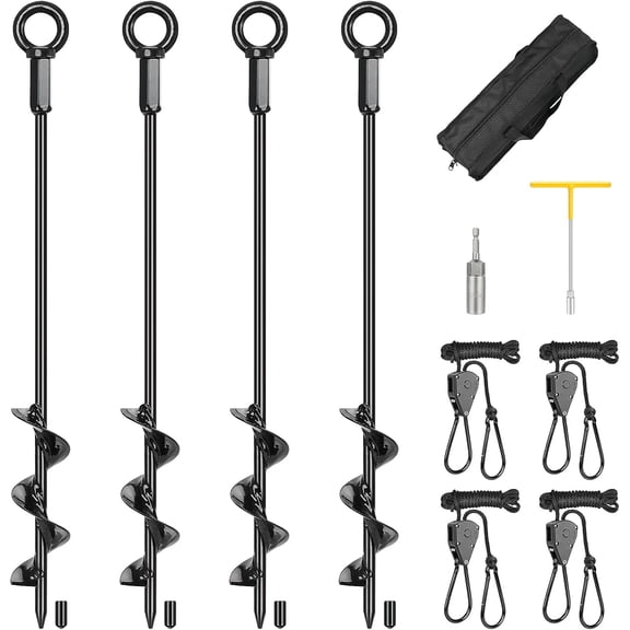 Tent Stakes 16Inch Heavy Duty Anchors, RV Awning Tie Down Kit with Retractable Ratchet Straps for Tents, Beach Umbrellas, Canopies, Carport, Campers