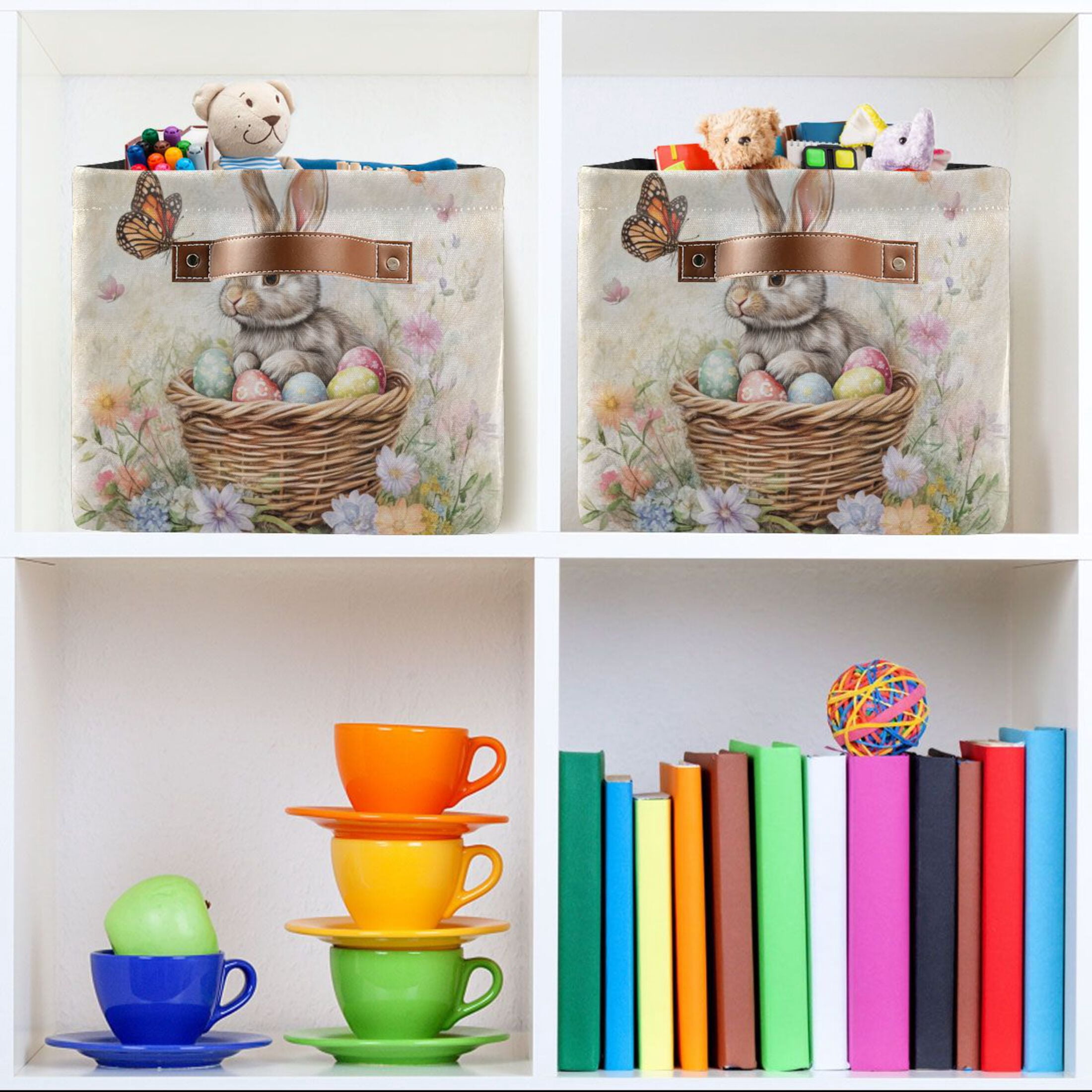 WOBOGO Gray Easter Rabbit Square Storage Basket with Waterproof Canvas and PE Lining Durable PU Leather Handles 14.2×10.2×8.3in