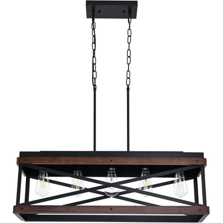 Rustic Farmhouse Kitchen Island Lighting Wood and Metal Linear Chandelier 5 Lights Industrial Pendant Light Fixture for Kitchen Island Dining Room