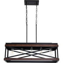 Rustic Farmhouse Kitchen Island Lighting, Wood and Metal Linear Chandelier, 5 Lights Industrial Pendant Light Fixture Height Adjustable for Dining Room Bar Pool Table, Black