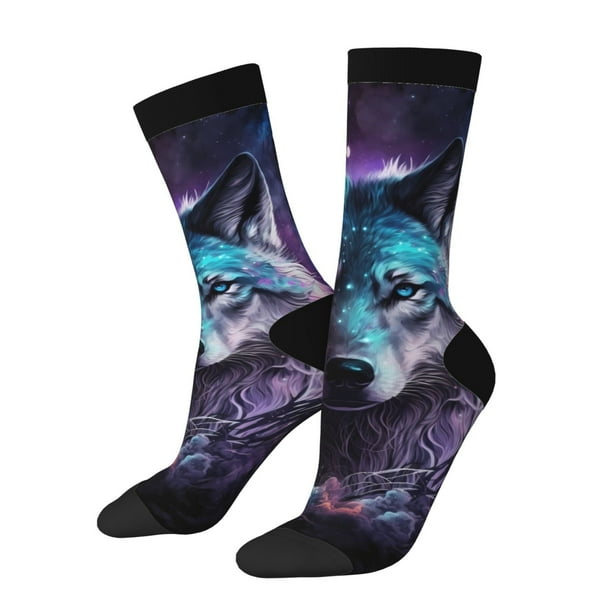Balery Purple Sky Wolf Calcetas Largas con Estampado para Hombre y Mujer – Suaves y Transpirables, Talla Única (US 5-11)
