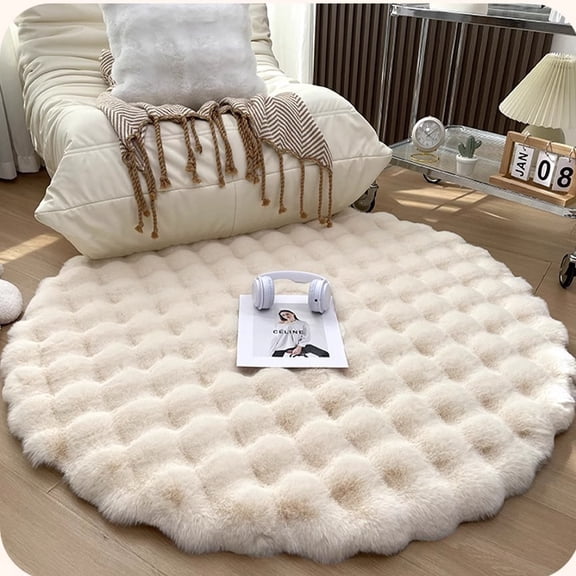 XmhyTop-A 120cm Faux Fur Round Rug Ultra Soft Plush Circle Carpet for Bedroom, Living Room Decor,Beige