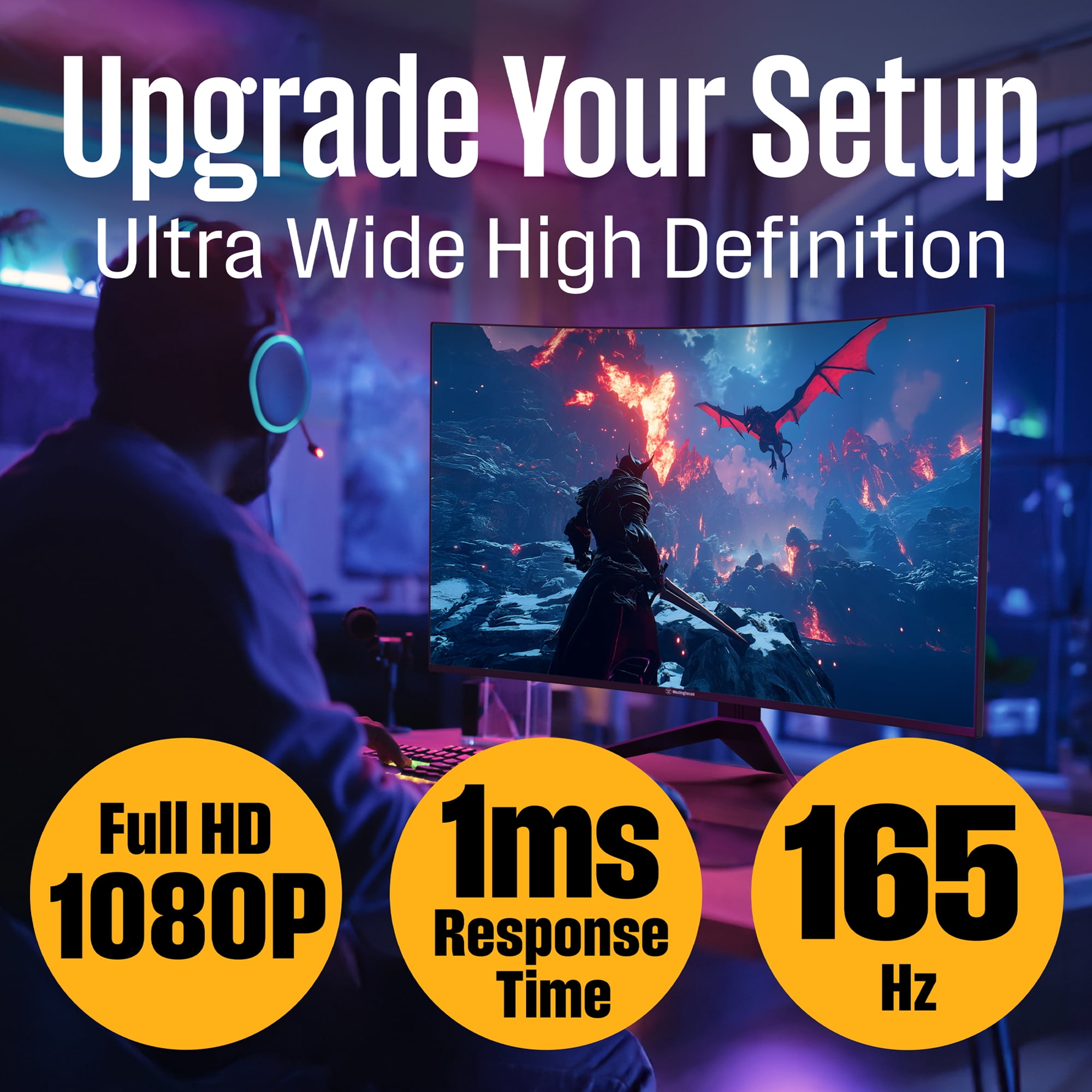 Westinghouse 24 Inch Curved Gaming Monitor, 165Hz, 1ms, FHD 1080P, 3000:1 Contrast Ratio, 110% sRGB, 1500R, AMD FreeSync, Eyecare, for PC Games with Built-in Speakers, VESA, DisplayPort, HDMI
