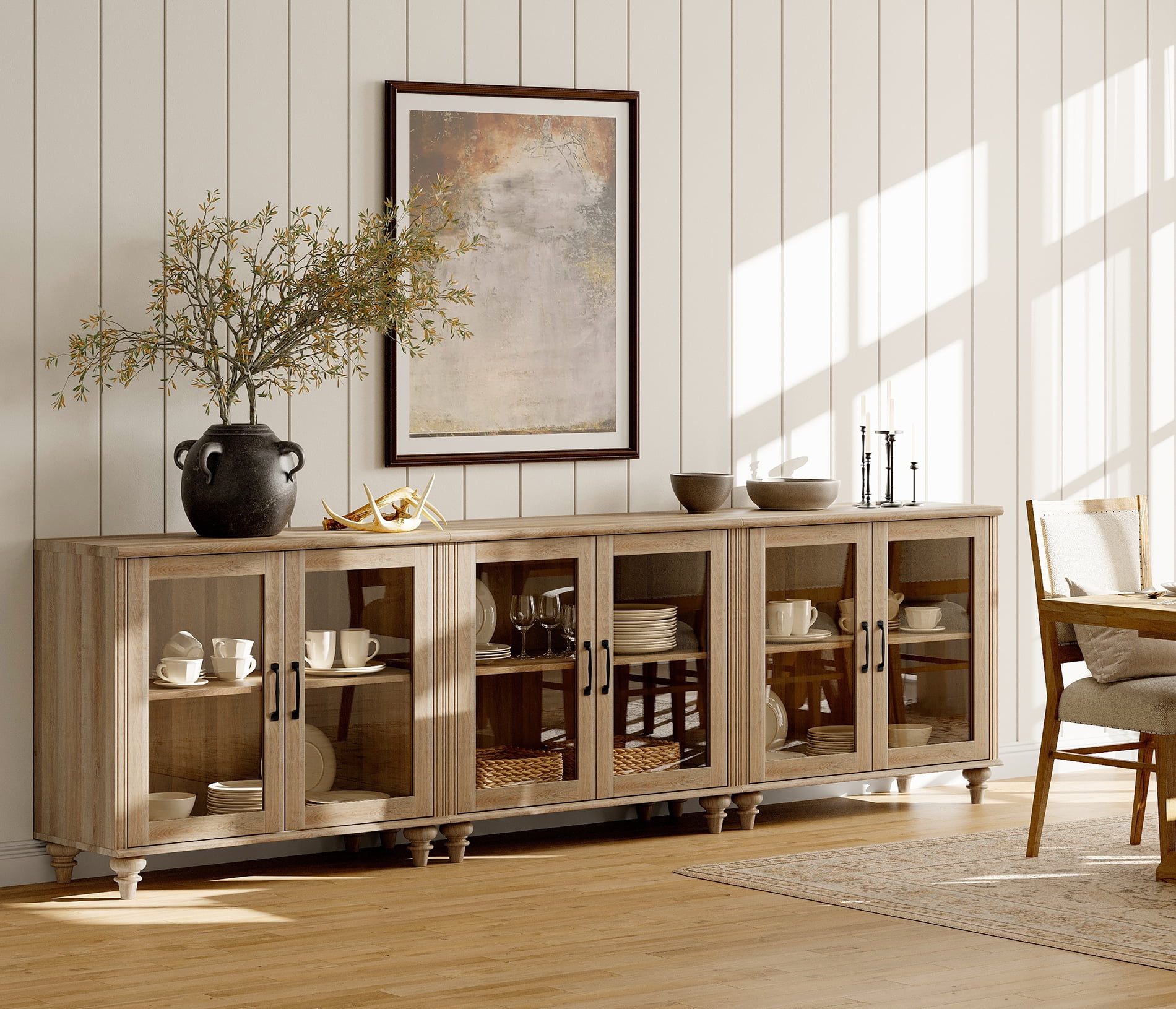 100" TV Stand with Glass Door, Wood TV Cabinet Entertainment Center for 75/80/85/90 Inch TV, 3-in-1 Kitchen Buffet Cabinet with Large Storage Cabinets for Dining Room & Living Room & Bedroom, Oak
