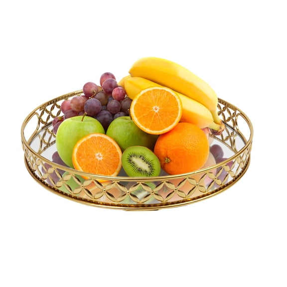 Bar Cart Tray, Gold Mirror Vanity Tray for Fruits, Perfume, Jewelry, Cosmetics, 12.6 inch Round Decorative Mirrored Tray with Handles, Metal Large Capacity Storage Organizer