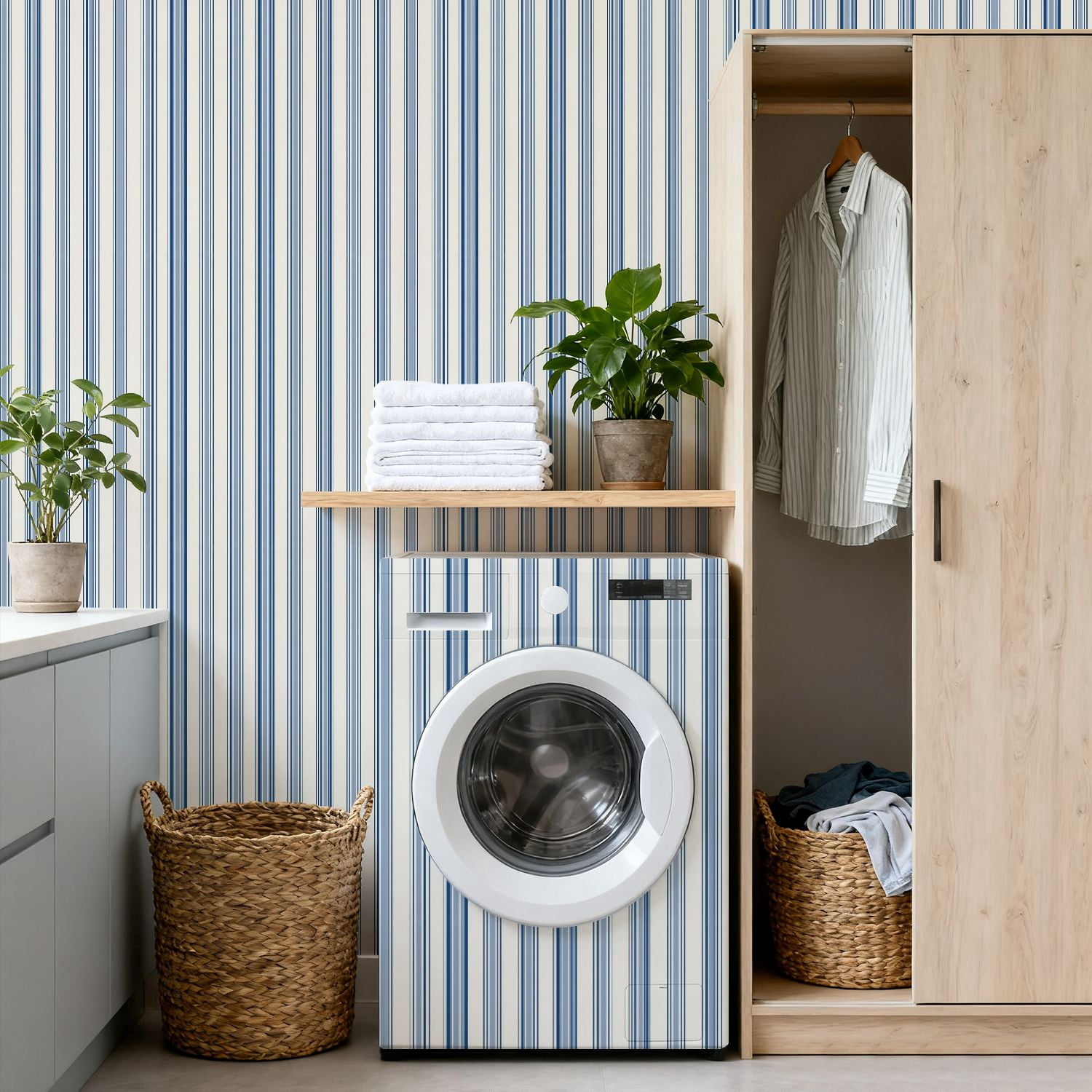 Peel and Stick Wallpaper Blue White Vertical Striped Minimalist Classic Wall Mural 17.7in x 9.8ft Self Adhesive Removable Wall Paper Renter Friendly Wallpaper for Bedroom Studio Lake House