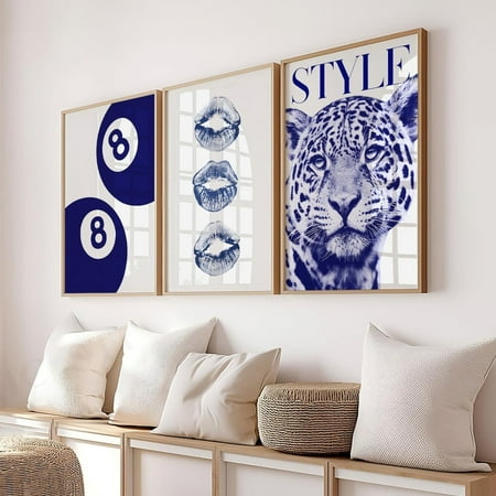 UNFFRAMED Navy Blue Leopard Gallery Wall Art Set Trendy Fashion Stylish Posters Decor Office Aesthetic Cool Wall Art Fashion Kisses 8 Ball Poster Set 3 Prints 8x12