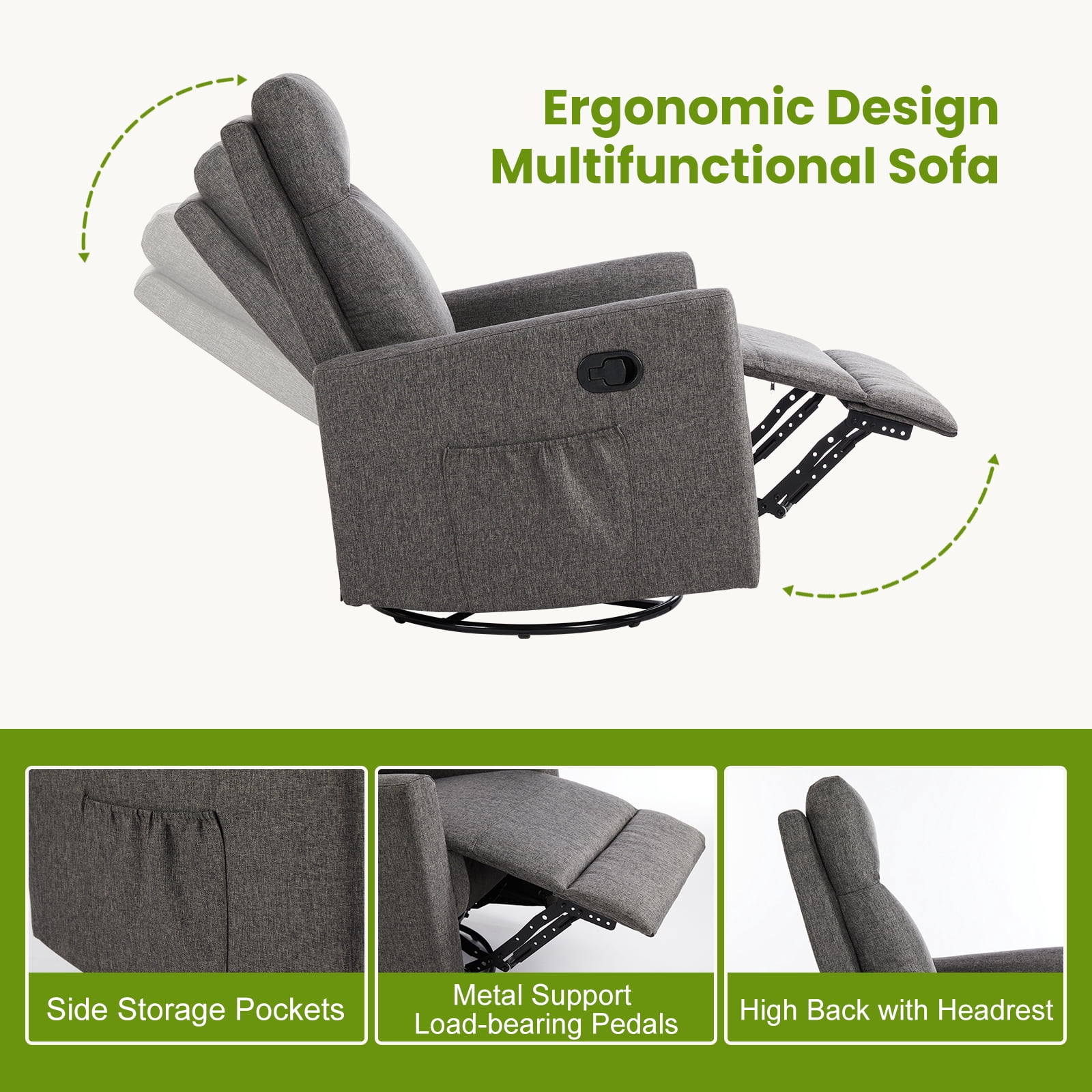 JIOABL Rocking Glider Chair Nursery Seat with Soft Padding & 360° Swivel for Home Soothing Moments, Grey