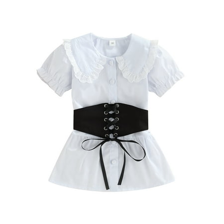 

Frobukio Kids Girls Dress Sets Summer Clothes Puff Short Sleeve Lace Doll Collar Shirt Dress + Waist Belt Outfits Black White 2-3 Years