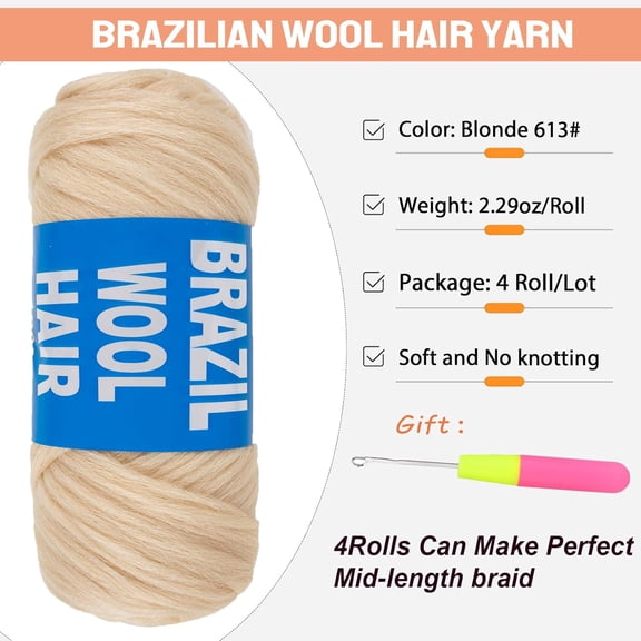 WEIF-4 Pcs Blonde Brazilian Wool Hair for Braids Acrylic Hand Knitting Yarn for Crochet Box Braid Senegalese Twisting Jumbo Braids Faux Locs Crochet Hair Braiding Hair Extension(#613)